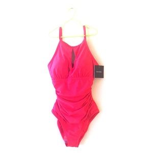 Red Ellen Tracy one piece suit figure flattering